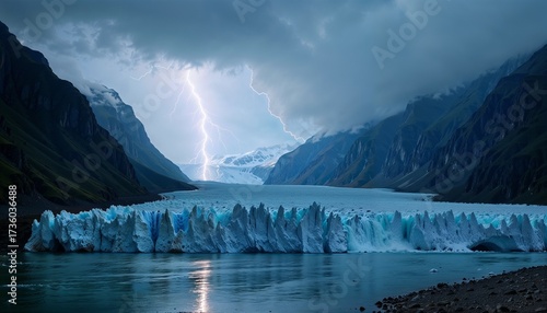 A dramatic landscape featuring a glacier in a fjord under a stormy sky. Lightning strikes illuminate the scene, highlighting the icy blue tones of the glacier.