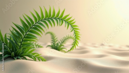 Green ferns growing in soft sand, creating a contrast between vegetation and desert landscape. Natural light enhances the scene's tranquility.
