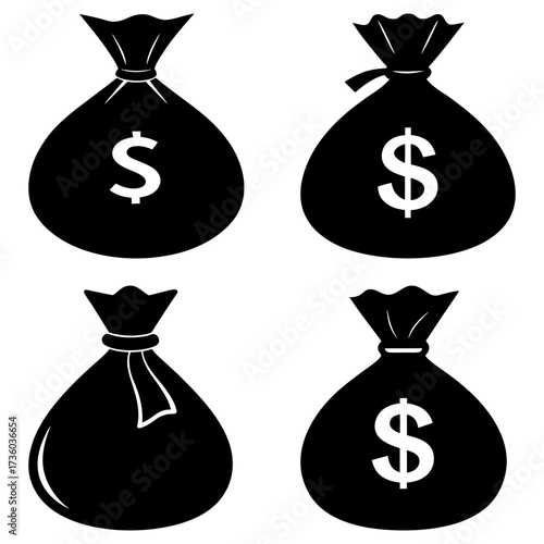 Four black money bags with dollar signs and tied tops in a simple vector illustration style design