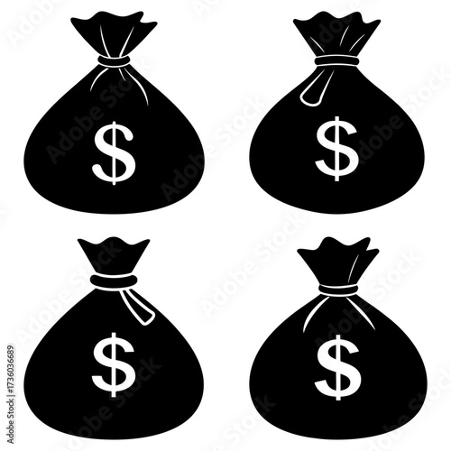 Illustration of four black money bags each displaying a white dollar sign on a white background view
