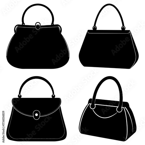 Four black silhouette handbags with different styles and handle designs displayed on a white background