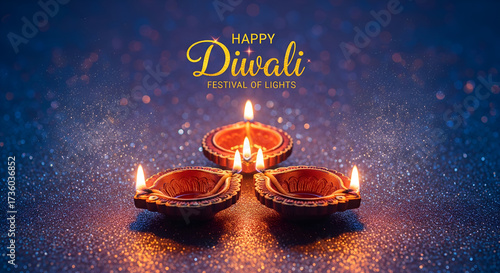 Elegant Happy Diwali greeting card with three lit traditional clay oil lamps (diyas) on a sparkling blue bokeh background.