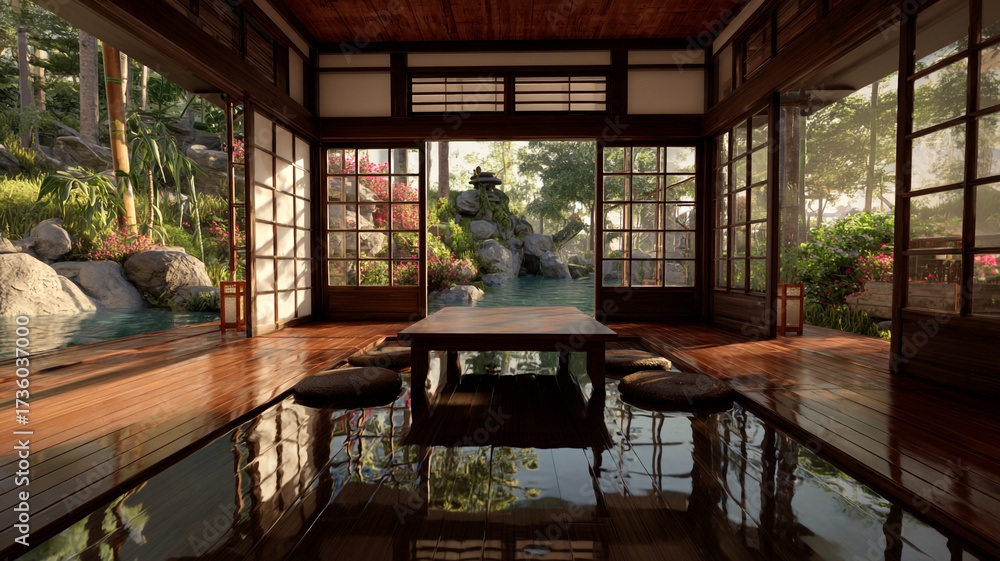 Fototapeta premium Elegant Japanese tea house with sliding shoji doors