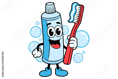 Happy cartoon toothpaste tube character holding a toothbrush with paste, promoting dental hygiene.