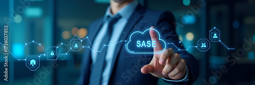 Businessman interacts with SASE icons on digital interface representing secure access service edge technology cloud security network management and cybersecurity solutions. concept as Businessman inte