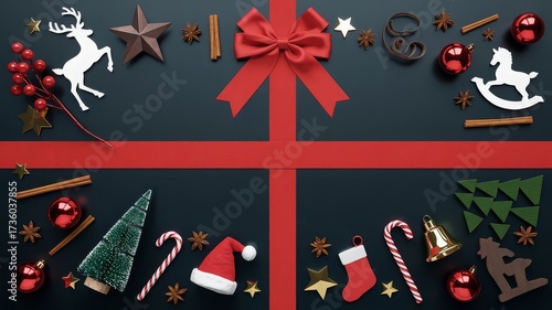 Flat lay Christmas design with bold red ribbon X and festive bow centered on deep blue backdrop