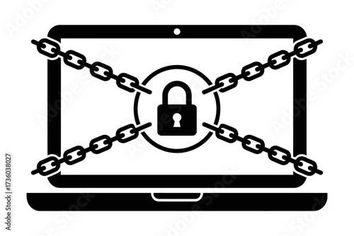 Laptop screen secured with chains and a padlock, symbolizing digital security and data protection.