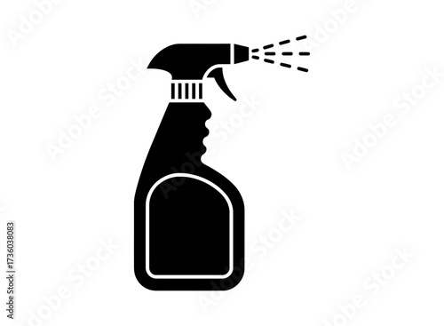 Simple black silhouette of a spray bottle dispensing liquid, symbolizing cleaning and hygiene.