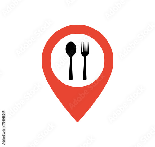 Red location pin with spoon and fork icon, representing a restaurant or food destination.