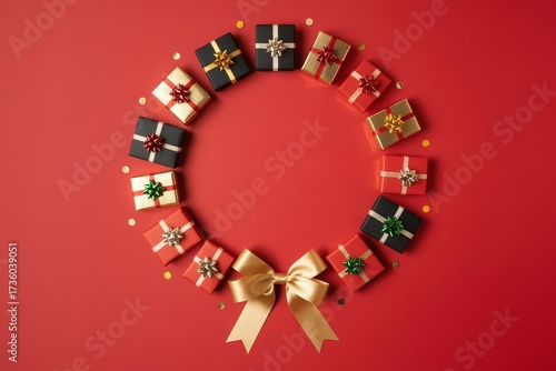 Holiday gift box wreath on red backdrop with gold ribbon accents and festive confetti details