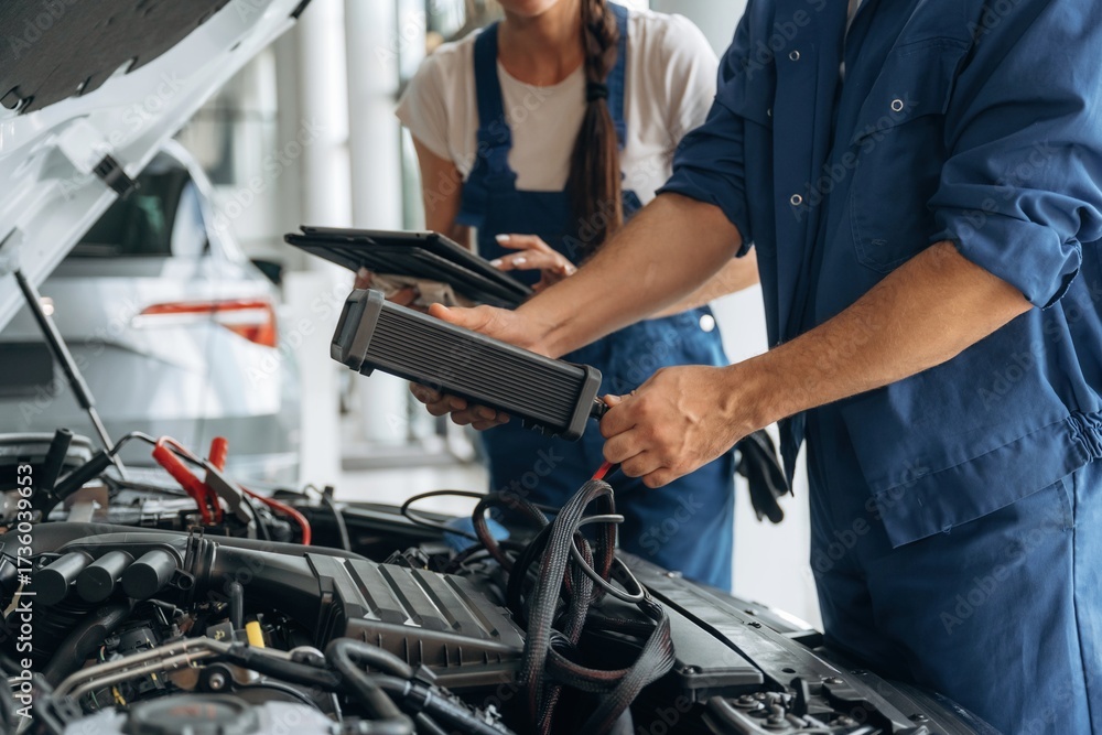 Obraz premium Particle close up view of male and female mechanics that are repairing the car