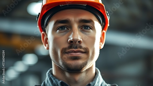 Male technician in a safety helmet, focused expression with soft lighting against an industrial backdrop.
