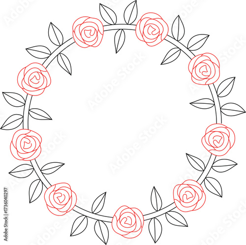 Minimal line art frame of a circular floral wreath with red roses