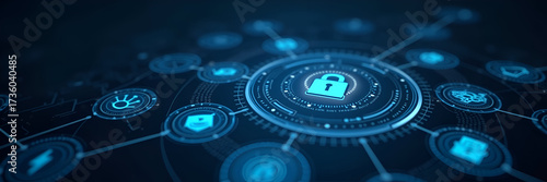 Visual interface depicting SASE technology with icons related to network security and data protection, elegantly designed with copy space to enhance focus on the concept.