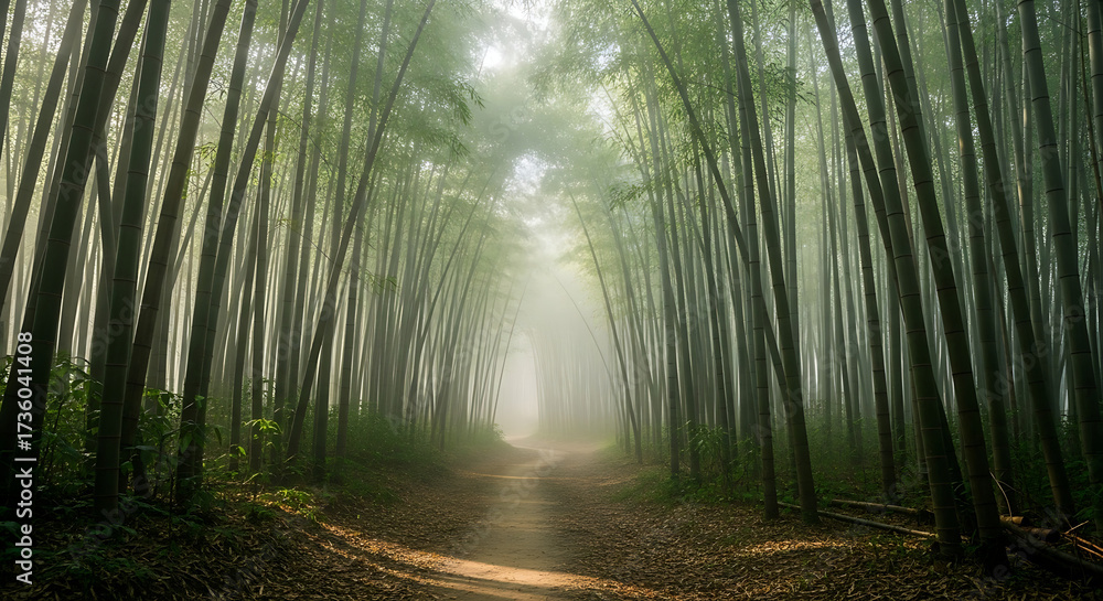 Naklejka premium A misty bamboo forest with a narrow path