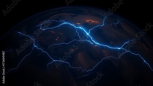 Ancient oceanic currents visualized as glowing blue veins on a dark planet, revealing hidden flows.

