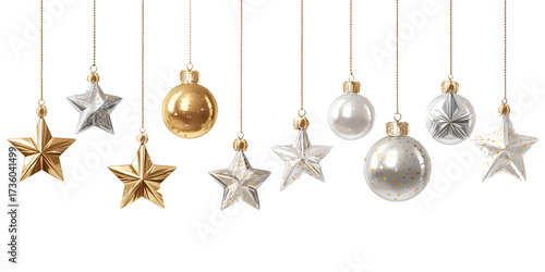 PNG set of hanging christmas decorations, gold and silver stars and balls isolated on a transparent
