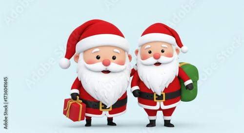 Two cheerful santa claus figures, one holding a gift bag and the other carrying a sack, spreading christmas cheer