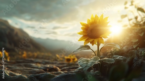 Sunflower in a mountain valley at sunset