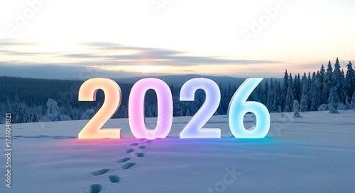 Wallpaper Mural The year 2026 illuminated in a snowy winter landscape with pine trees Torontodigital.ca