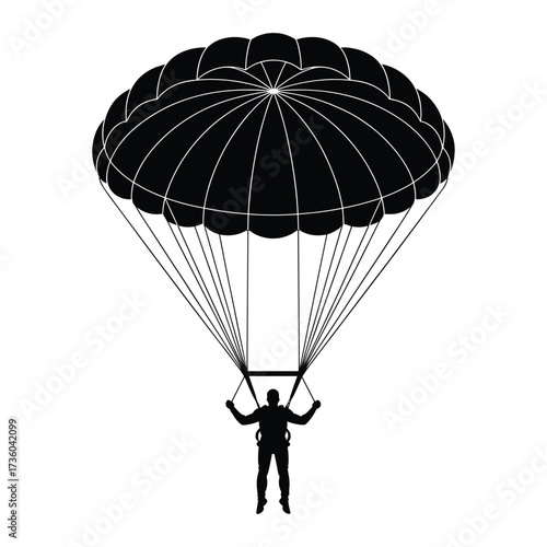 Silhouette of a skydiver descending with a large open parachute against a white background skydiving