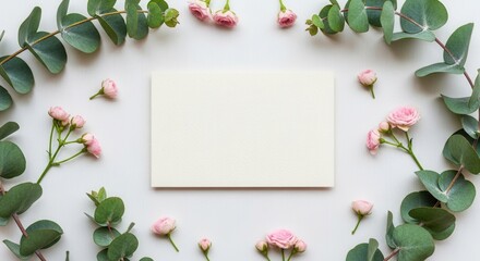 A blank cream card lies on a white surface bordered by green eucalyptus leaves and small pink rosebuds and open roses