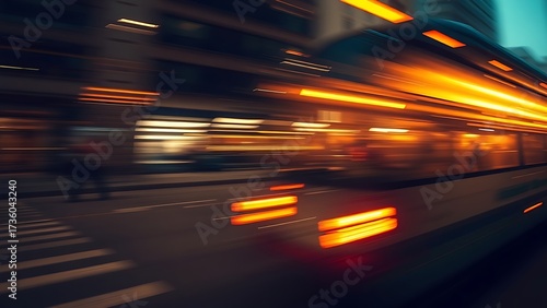 Dynamic urban scene with motion blur and warm tones, capturing the essence of bustling city life.
