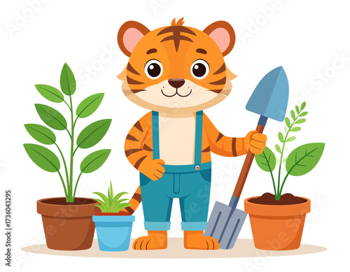 Cute Cartoon Tiger Gardening Vector Illustration