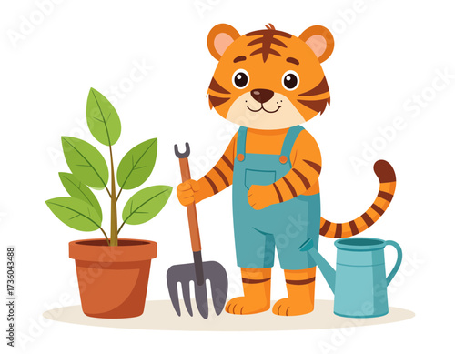 Cute Cartoon Tiger Gardening Vector Illustration
