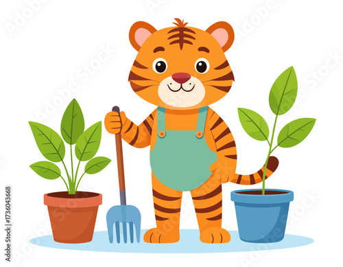 Cute Cartoon Tiger Gardening Vector Illustration