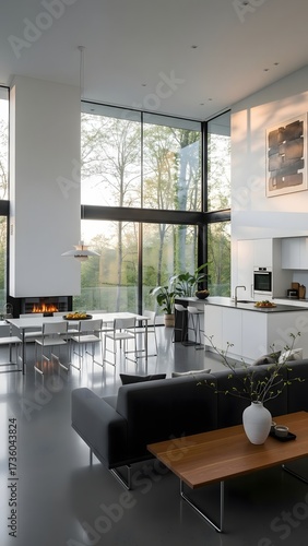 Sunlight pours into a spacious modern living room adorned with sleek furniture. The open layout features a dining area and a warm fireplace, creating a welcoming atmosphere surrounded by nature