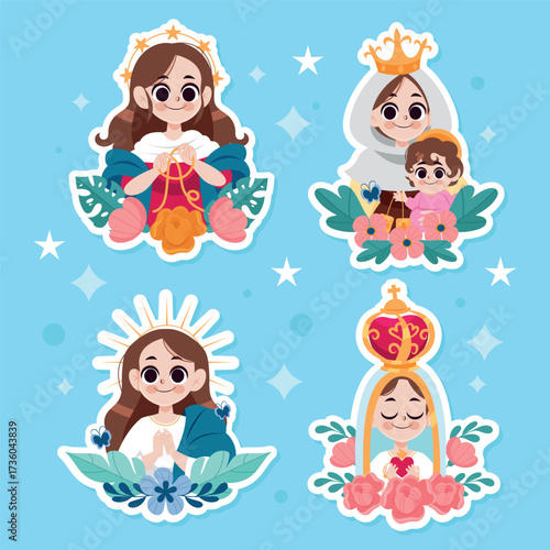Sticker Collection of Virgin Mary Illustrations with Decorative Floral Elements