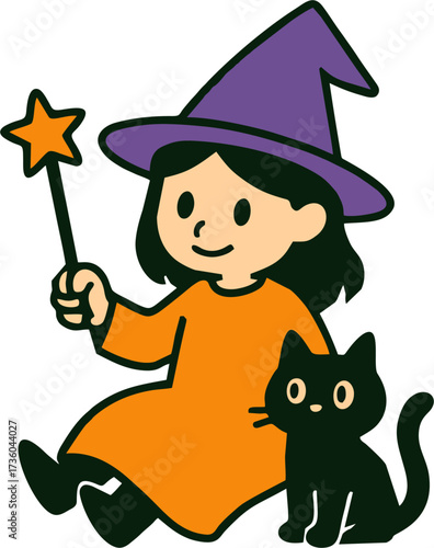 Cute Little Girl Witch with Black Cat and Magic Wand Halloween Costume