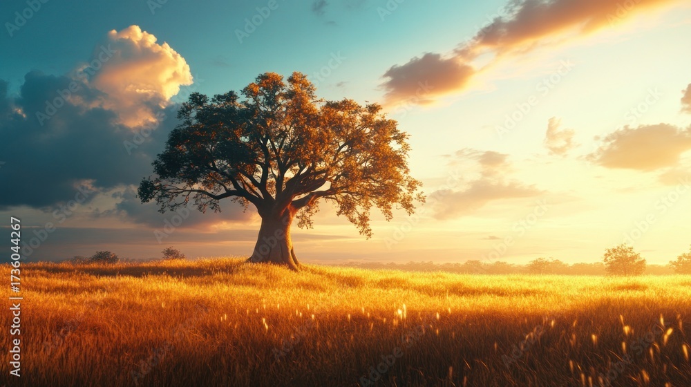 Fototapeta premium Golden hour landscape, solitary tree in a field