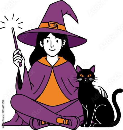 Woman Witch Character with Black Cat and Magic Wand Sitting Down