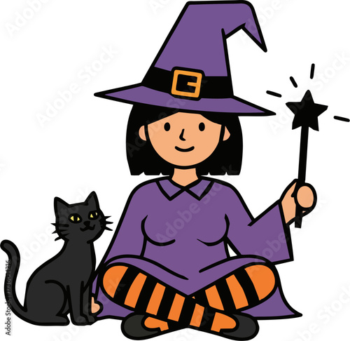 Woman Witch Character with Black Cat Magic Wand and Striped Stockings Sitting