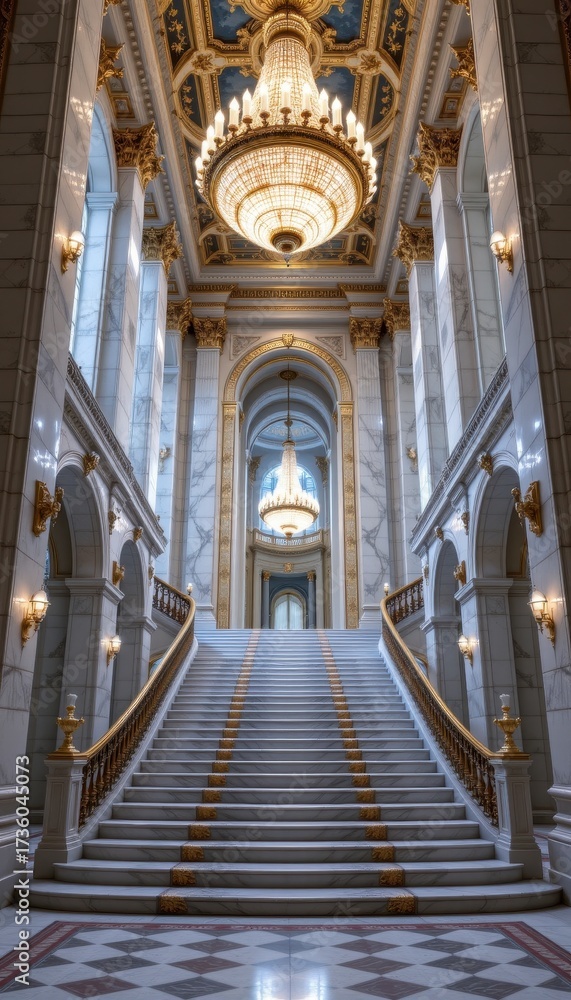 Fototapeta premium Majestic staircase in grand hall with ornate chandeliers and marble walls, showcasing luxury and architectural beauty
