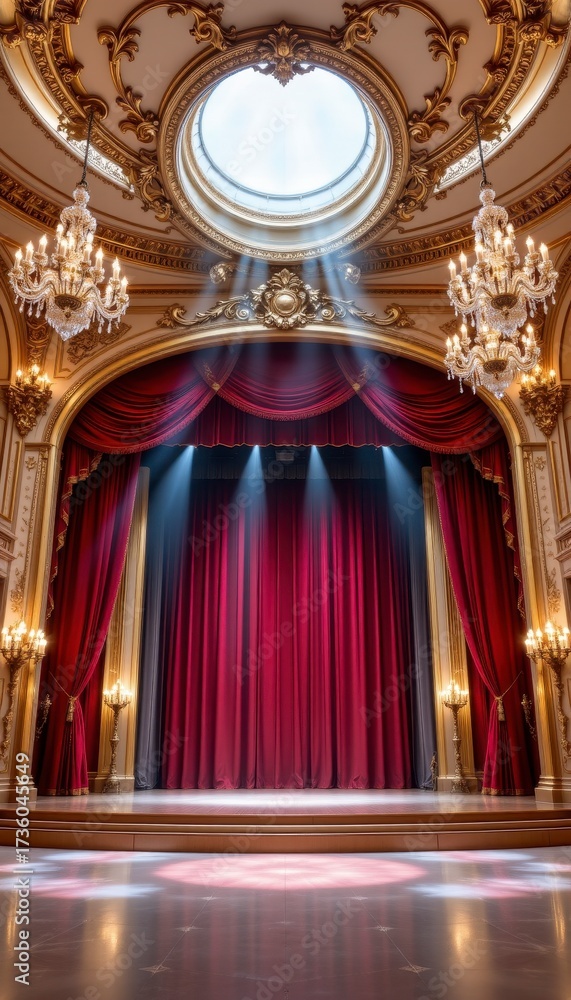 Obraz premium Elegant theater interior with grand red curtains, radiant chandeliers, and a bright skylight illuminating the stage