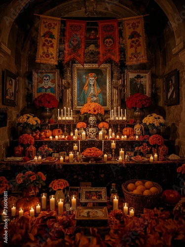 Vibrant Día de Muertos altar celebrating Mexican heritage with candles, marigolds, and traditional offerings
