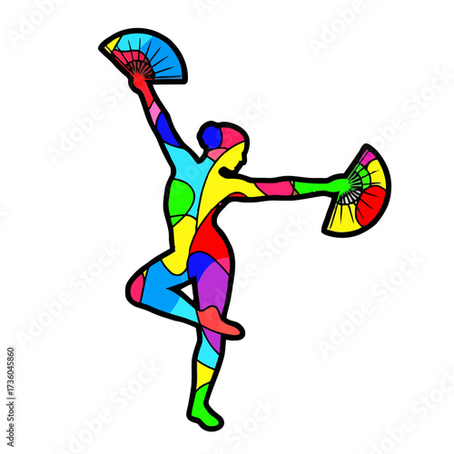 Colorful abstract silhouette dancer with fans