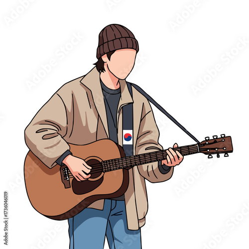Man playing an acoustic guitar, wearing beanie and jacket, with korean flag patch on his strap