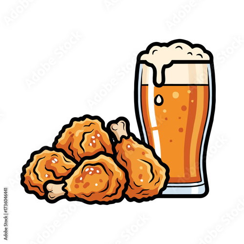 Crispy fried chicken pieces and tall glass frothy beer