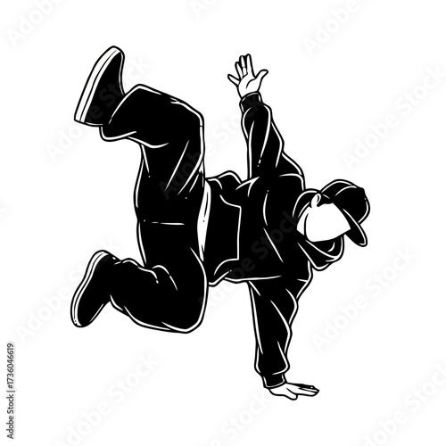 Dynamic breakdancer performing move in black hoodie and cap