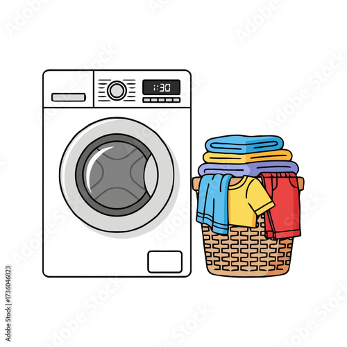 Modern washing machine next to wicker basket overflowing with colorful folded laundry, isolated on transparent