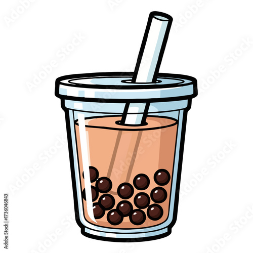 Refreshing bubble tea in clear plastic cup with straw, featuring tapioca pearls at the bottom, isolated on transparent