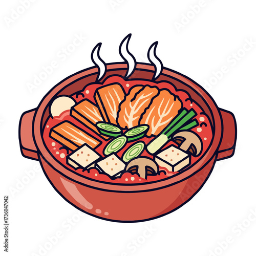 Steaming bowl korean kimchi jjigae, hearty and spicy stew made with fermented cabbage, tofu, mushrooms, and scallions, perfect for cold day