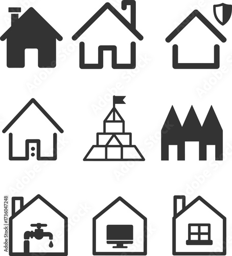 Black and White Set of House Icons with Services and Symbols, Representing Property, Security, Utilities, and Real Estate Investment Vector Collection