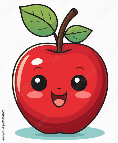 Illustration of a cartoon red apple with a cute face, happy expression, and green leaves, ideal for children's designs, stickers, and education. 