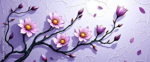 Luxury floral wallpaper featuring 3D embossed blossoms with gold, silver, and marble textures, elegant botanical mural in rich colors, abstract illustration for art prints, 4K background design