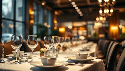 Elegant restaurant table setting with soft overhead lighting and warm ambient atmosphere.
